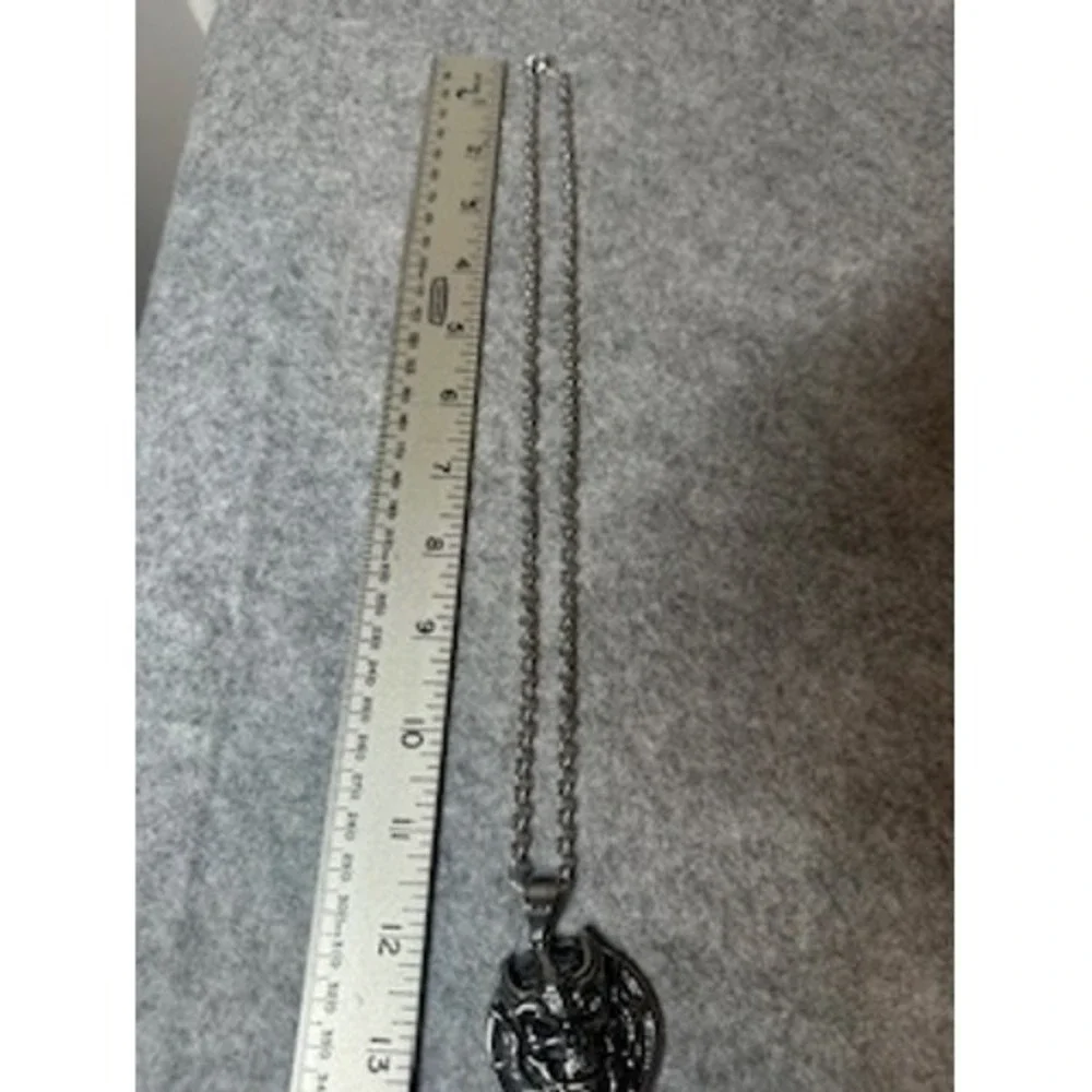 Silver Gothic Skull Pendant Necklace Biker Punk Rolo Chain 24 Inch Unisex